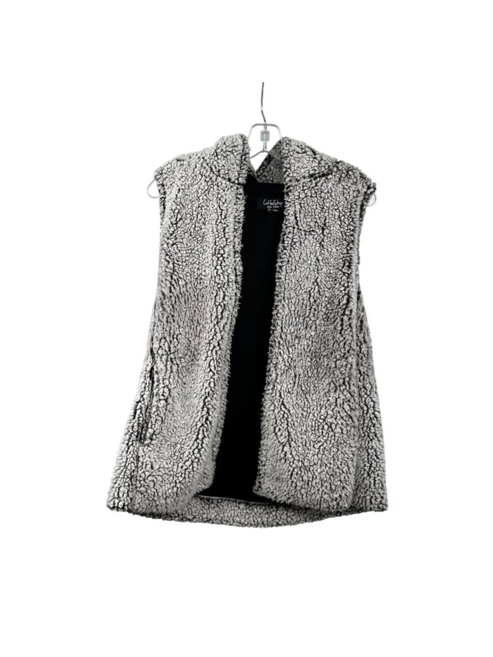 Coffee Shop Womens Sherpa Vest Open Front Hooded White/Black Pockets Medium